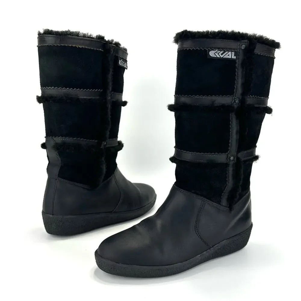 Dival Italy Elisa Black Winter Boot Sz 8 Leather Wool Lining Low Wedge Mid-Calf